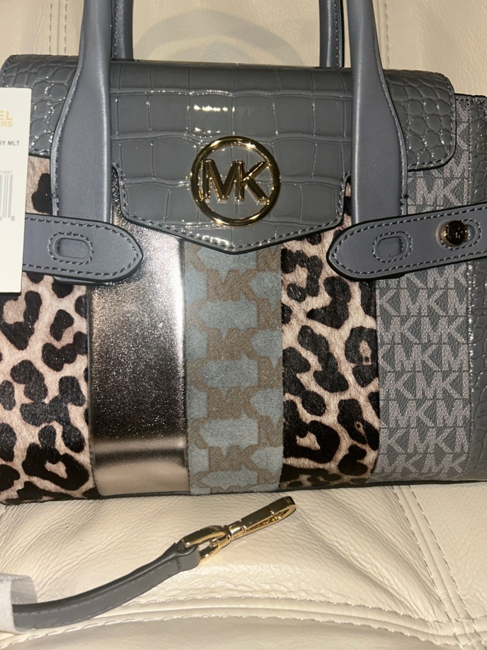 Michael Kors Carmen Heather Gray Mixed-Pattern Medium Satchel Bag Retail $628 - Picture 4 of 11